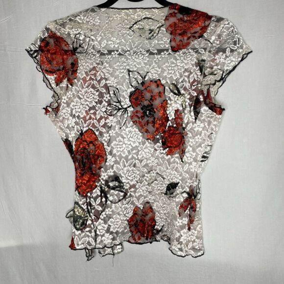 Floral Lace Wrap Blouse Sheer Stretch Side Tie V-Neck Womens S Off White Red - Picture 5 of 8
